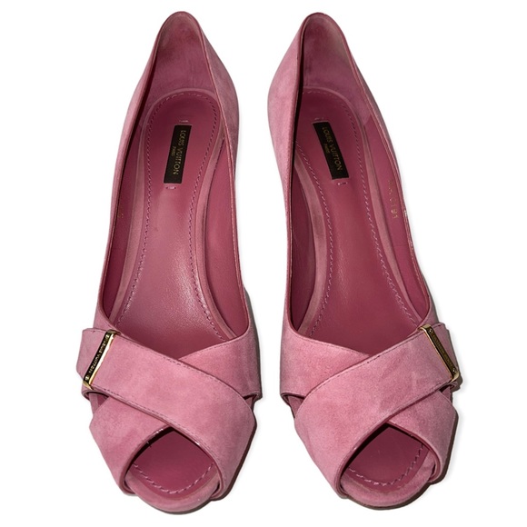 LOUIS VUITTON Pumps Pink Suede Crisscross Peep Toe Stiletto Heels Size 38.5 - Picture 6 of 16